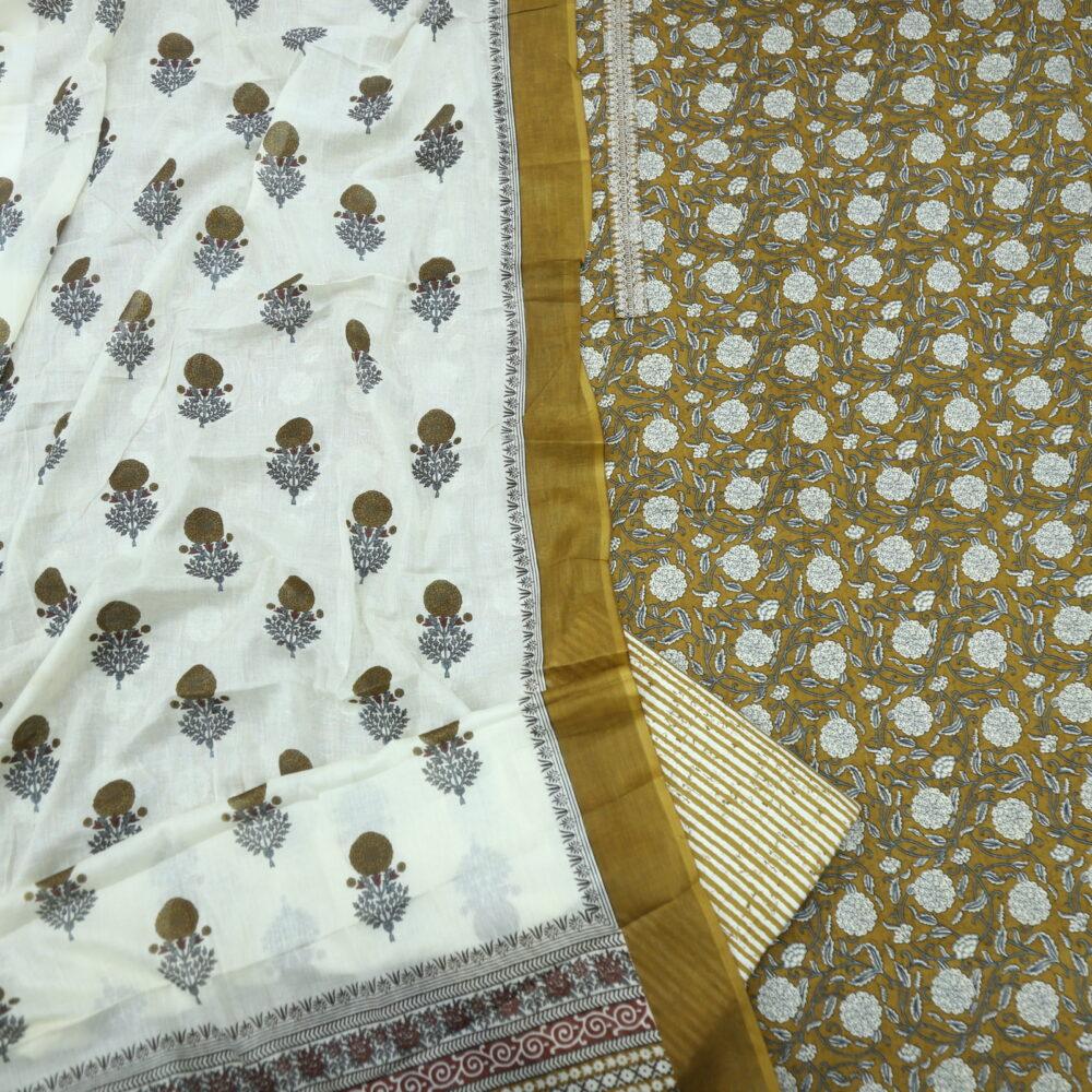 Peanut Brown Printed Cotton Top with Off white Printed Dupatta Set