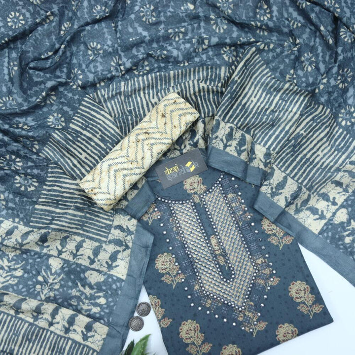 Pigeon Grey Printed Cotton Top with Printed Dupatta Set