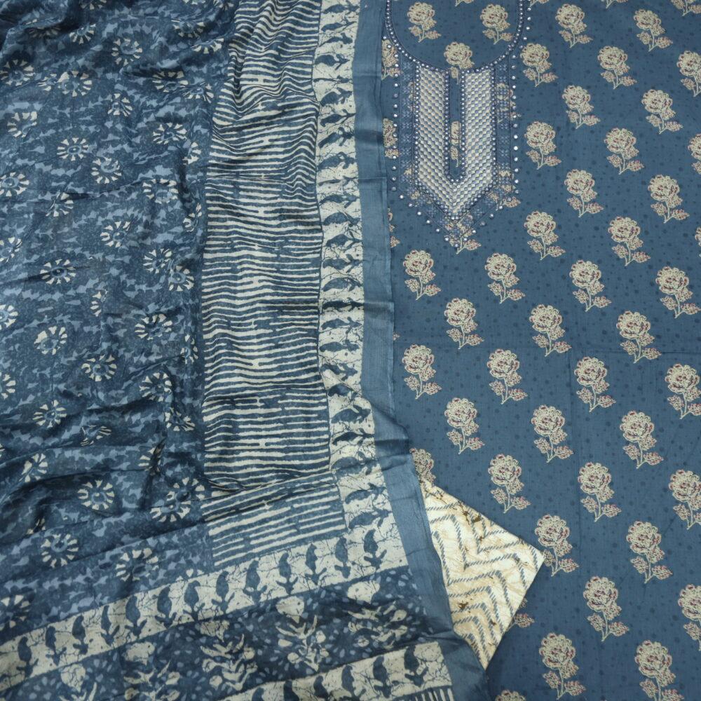 Pigeon Grey Printed Cotton Top with Printed Dupatta Set