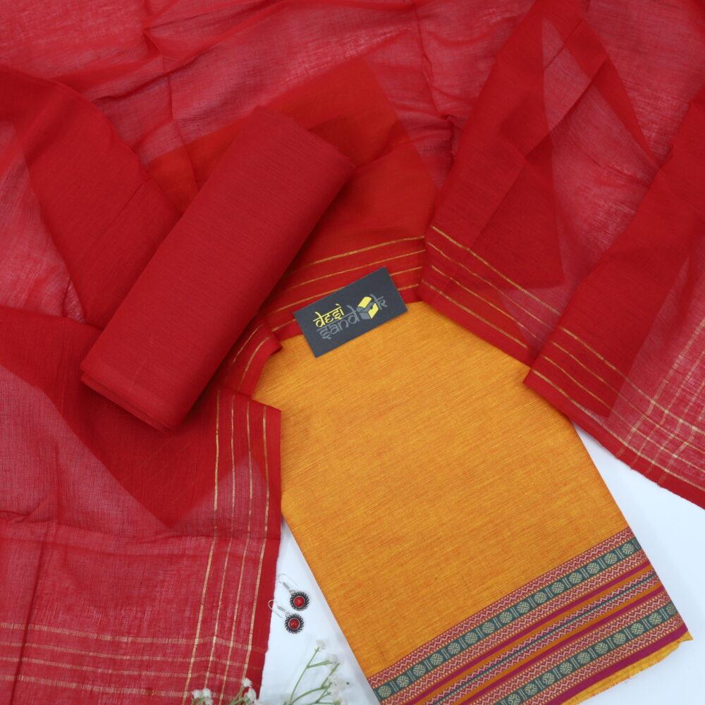Marigold Yellow South Cotton Top with Mangalgiri Hem and Red Dupatta Set