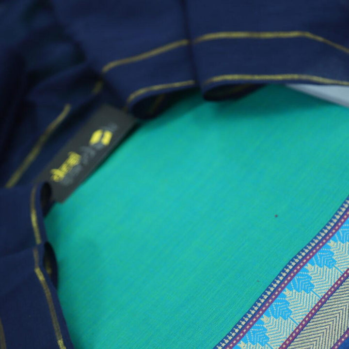 Teal Green South Cotton Top with Temple Hem and Blue Dupatta Set