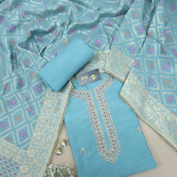 French Blue Silk Top with Embellished Neck Line and Banarasi Dupatta Set