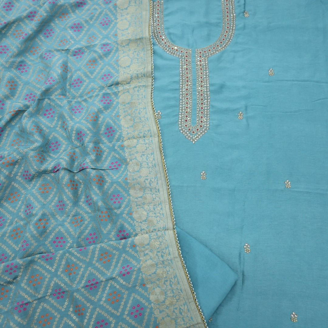 French Blue Silk Top with Embellished Neck Line and Banarasi Dupatta Set