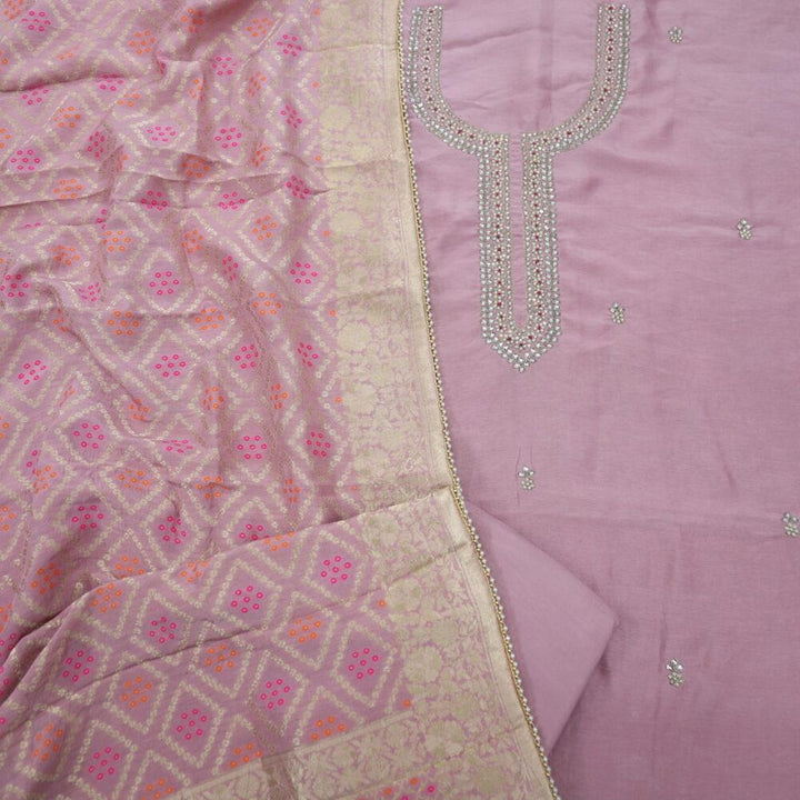 Light Peach Silk Top with Embellished Neck Line and Banarasi Dupatta Set