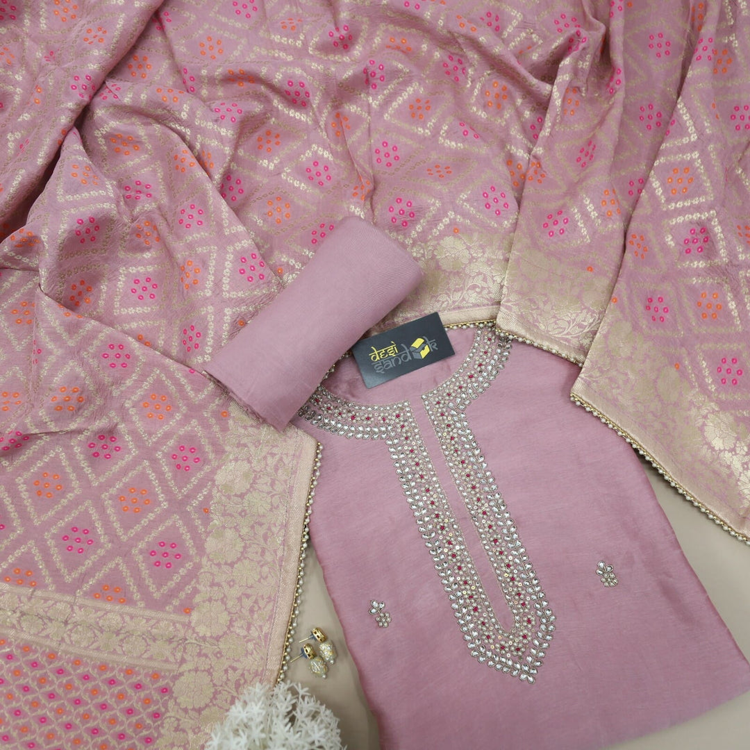 Light Peach Silk Top with Embellished Neck Line and Banarasi Dupatta Set