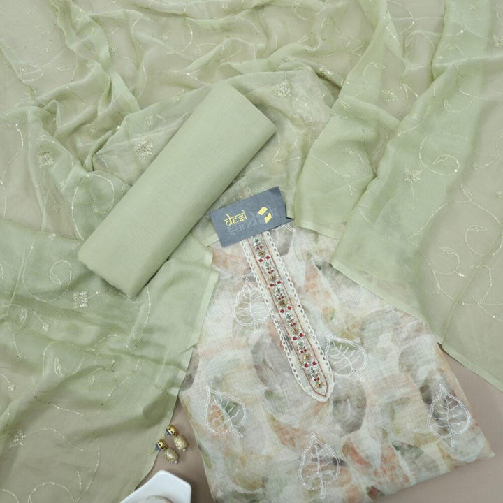 Mellow Green Printed Linen Top with Chiffon Dupatta Set