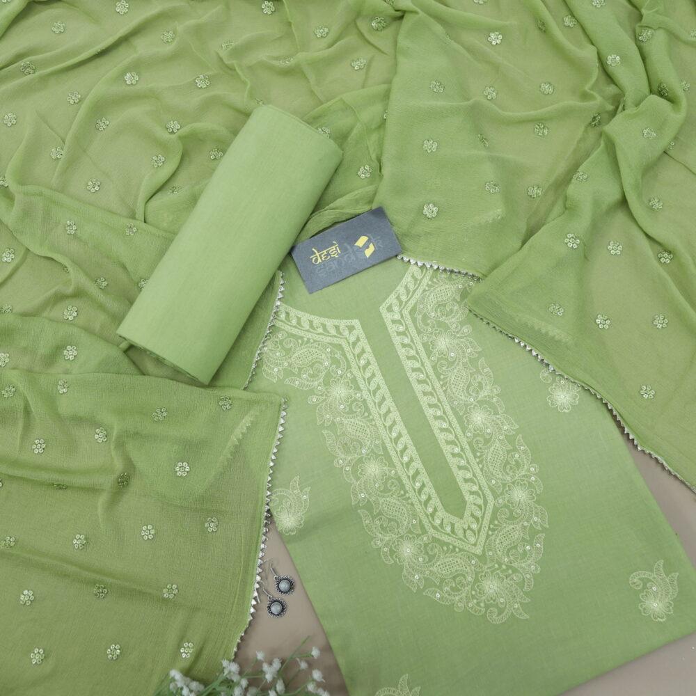 Mint Green Chikankari Inspired Cotton Top with Chiffon Dupatta Set