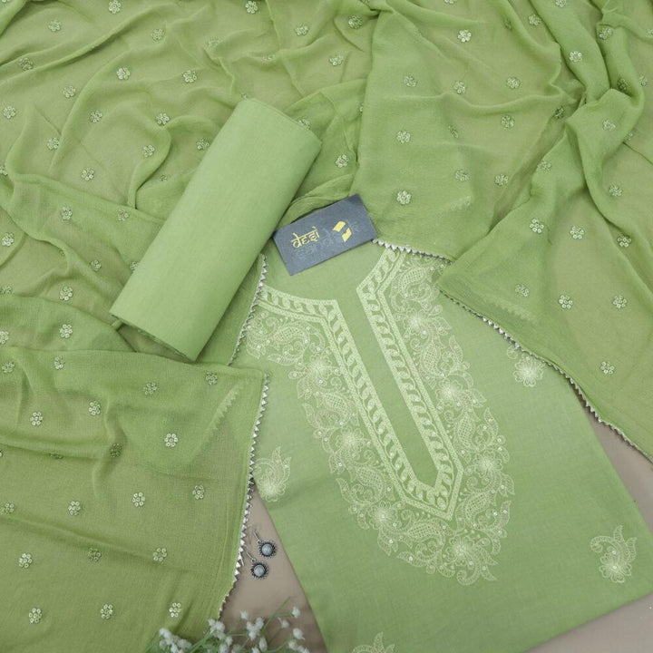 Mint Green Chikankari Inspired Cotton Top with Chiffon Dupatta Set