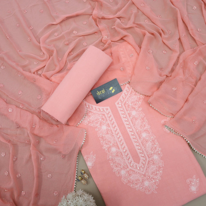 Peachish Pink Chikankari Inspired Cotton Top with Chiffon Dupatta Set