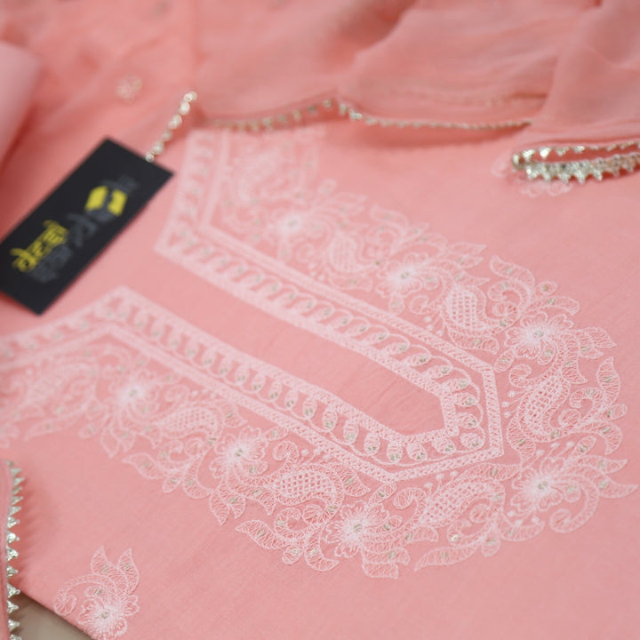 Peachish Pink Chikankari Inspired Cotton Top with Chiffon Dupatta Set