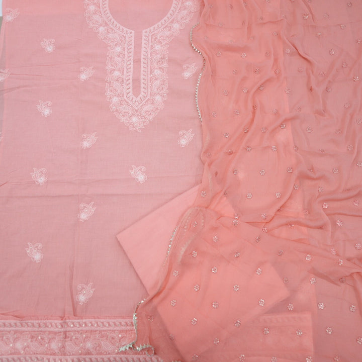 Peachish Pink Chikankari Inspired Cotton Top with Chiffon Dupatta Set