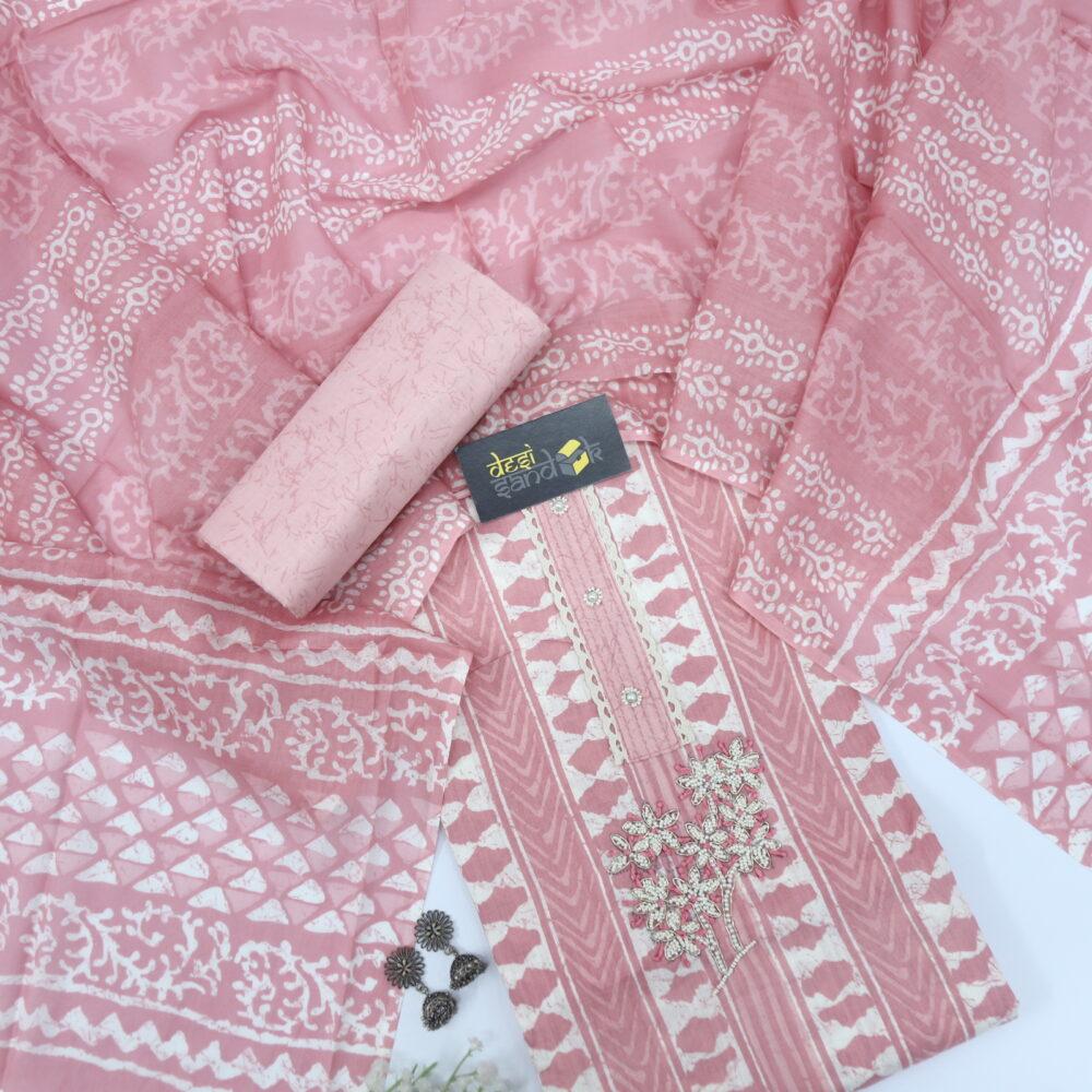 Taffy Pink Cotton Printed Top with Printed Dupatta Set