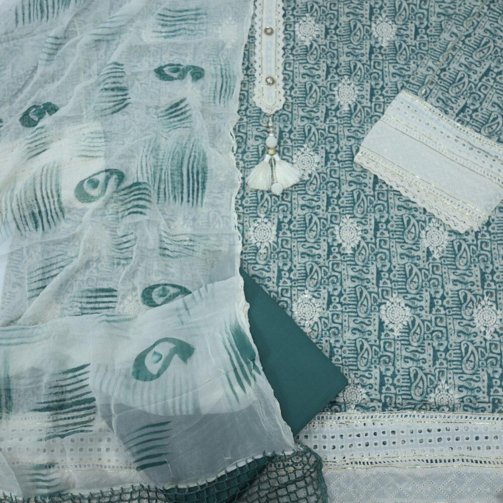 Green Printed Cotton Karachi Work Top with Chiffon Dupatta Set
