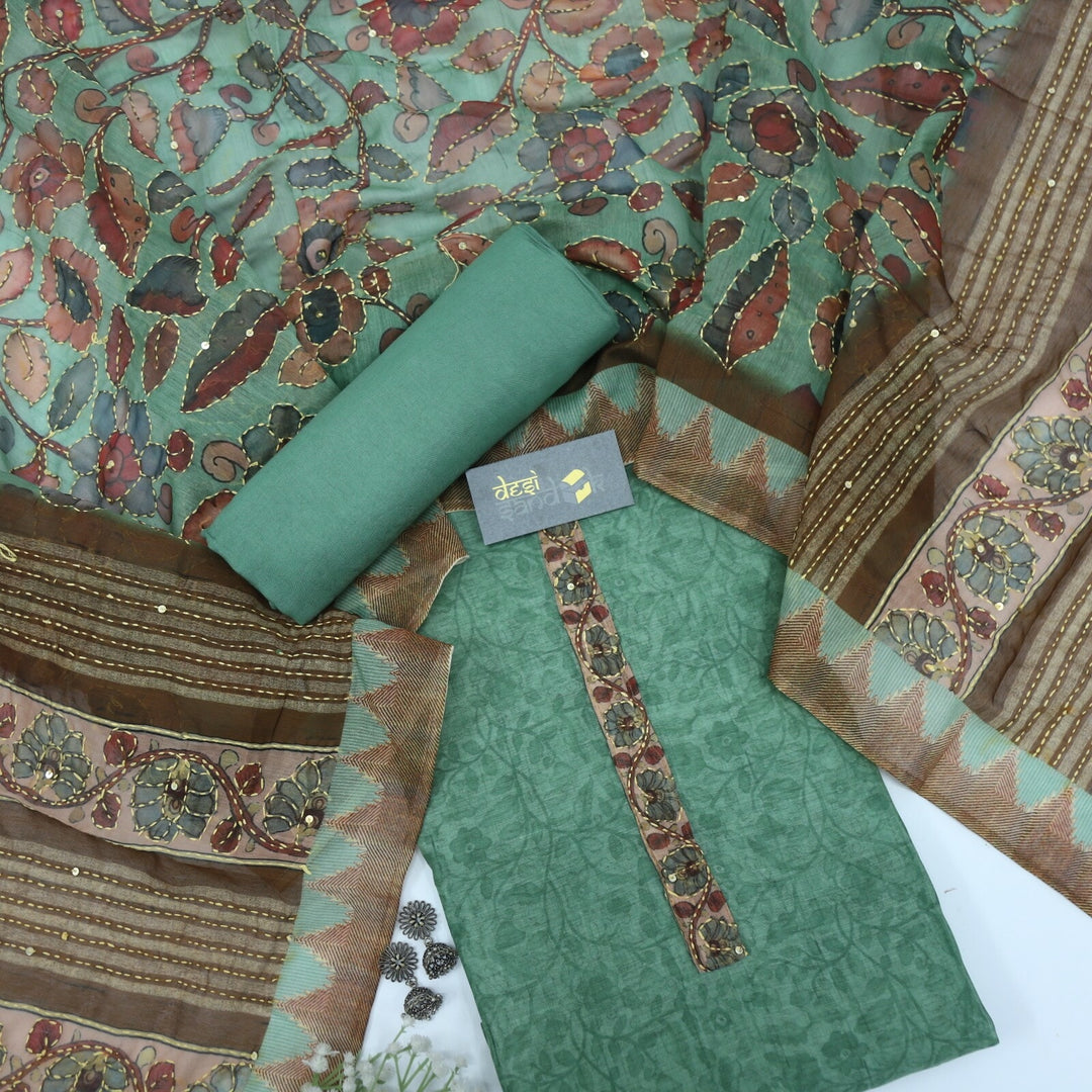 Fern Green Self Printed Chanderi Top with Kantha Dupatta Set