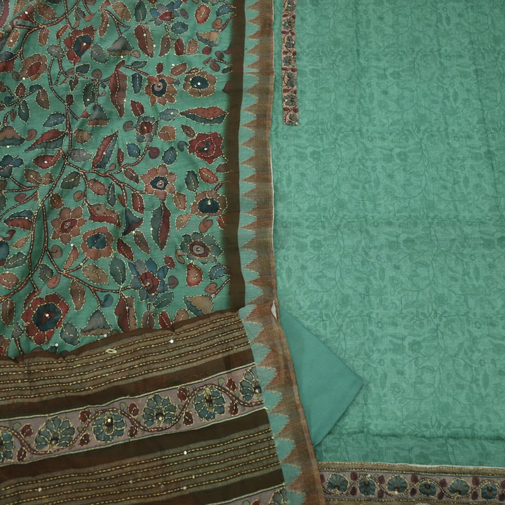 Fern Green Self Printed Chanderi Top with Kantha Dupatta Set