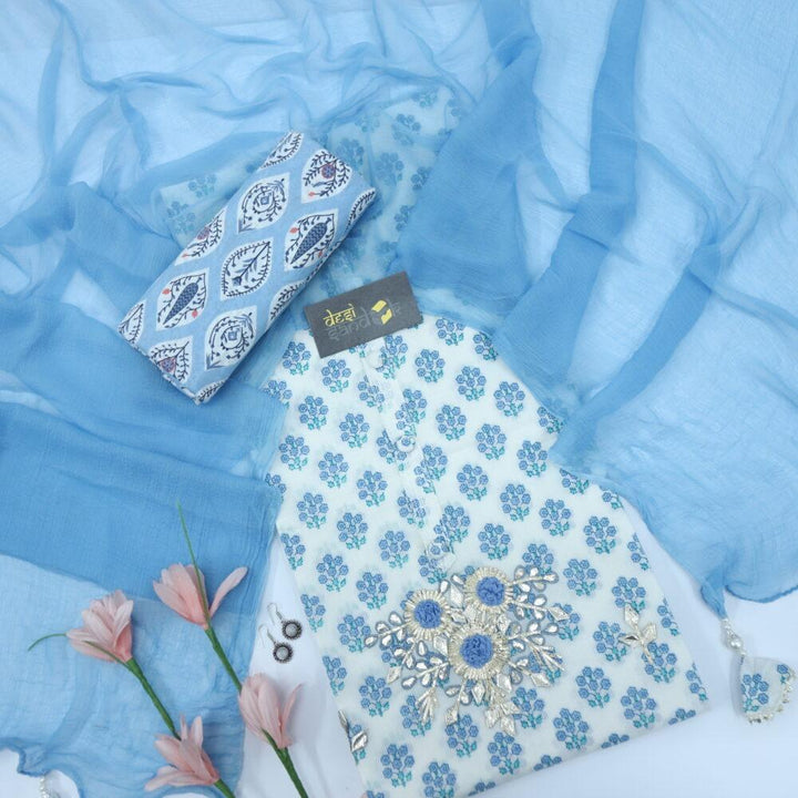 White Printed Cotton with Cornflower Blue Chiffon Dupatta Set