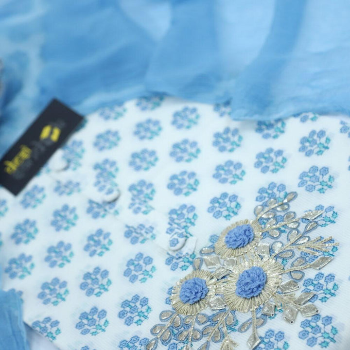 White Printed Cotton with Cornflower Blue Chiffon Dupatta Set