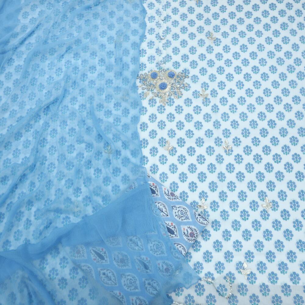 White Printed Cotton with Cornflower Blue Chiffon Dupatta Set