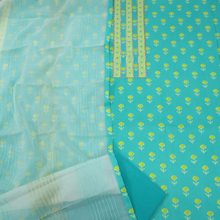 Turquoise Printed Gota Detailing with Super net Dupatta Set
