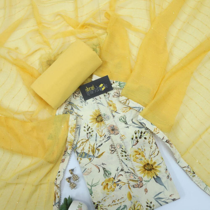 Mild Yellow Printed Cotton Top with Sunflower Yellow Chiffon Dupatta Set
