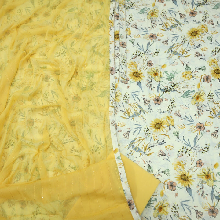 Mild Yellow Printed Cotton Top with Sunflower Yellow Chiffon Dupatta Set