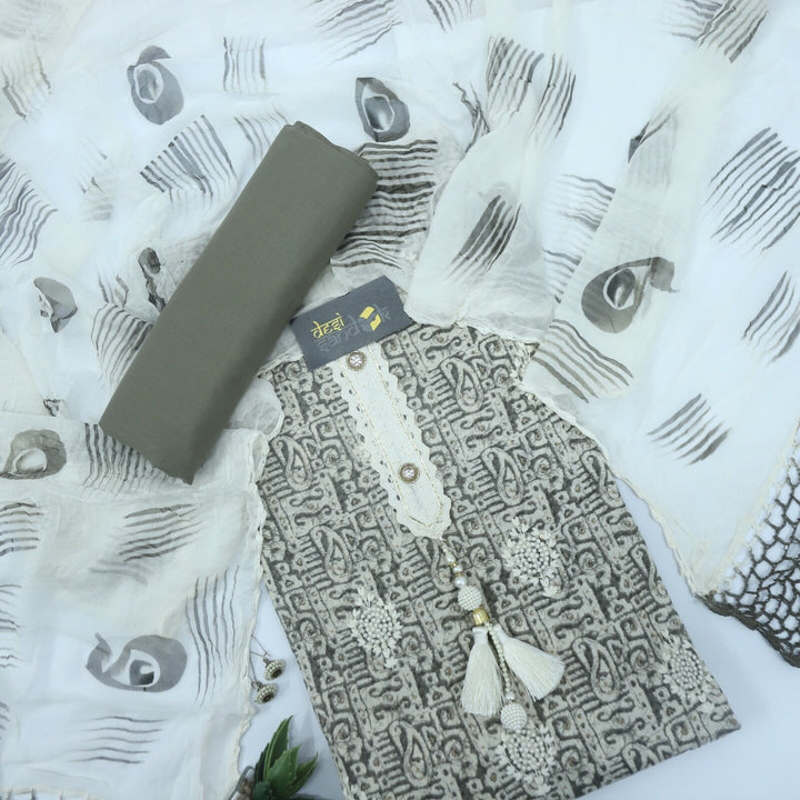 Dark Grey Printed Cotton Karachi Work Top with Chiffon Dupatta Set