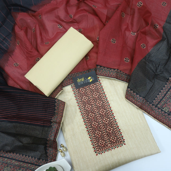 Oat Beige Glazed Cotton Top with Maroon and Black Dual Shade Dupatta Set
