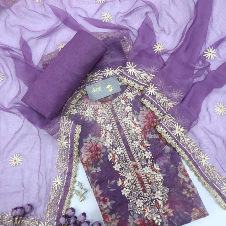 Rebecca Purple Floral Digital Printed Organza Top with Chiffon Gota Work Dupatta