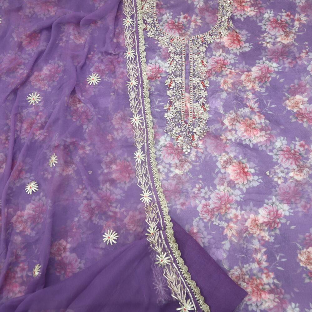 Rebecca Purple Floral Digital Printed Organza Top with Chiffon Gota Work Dupatta