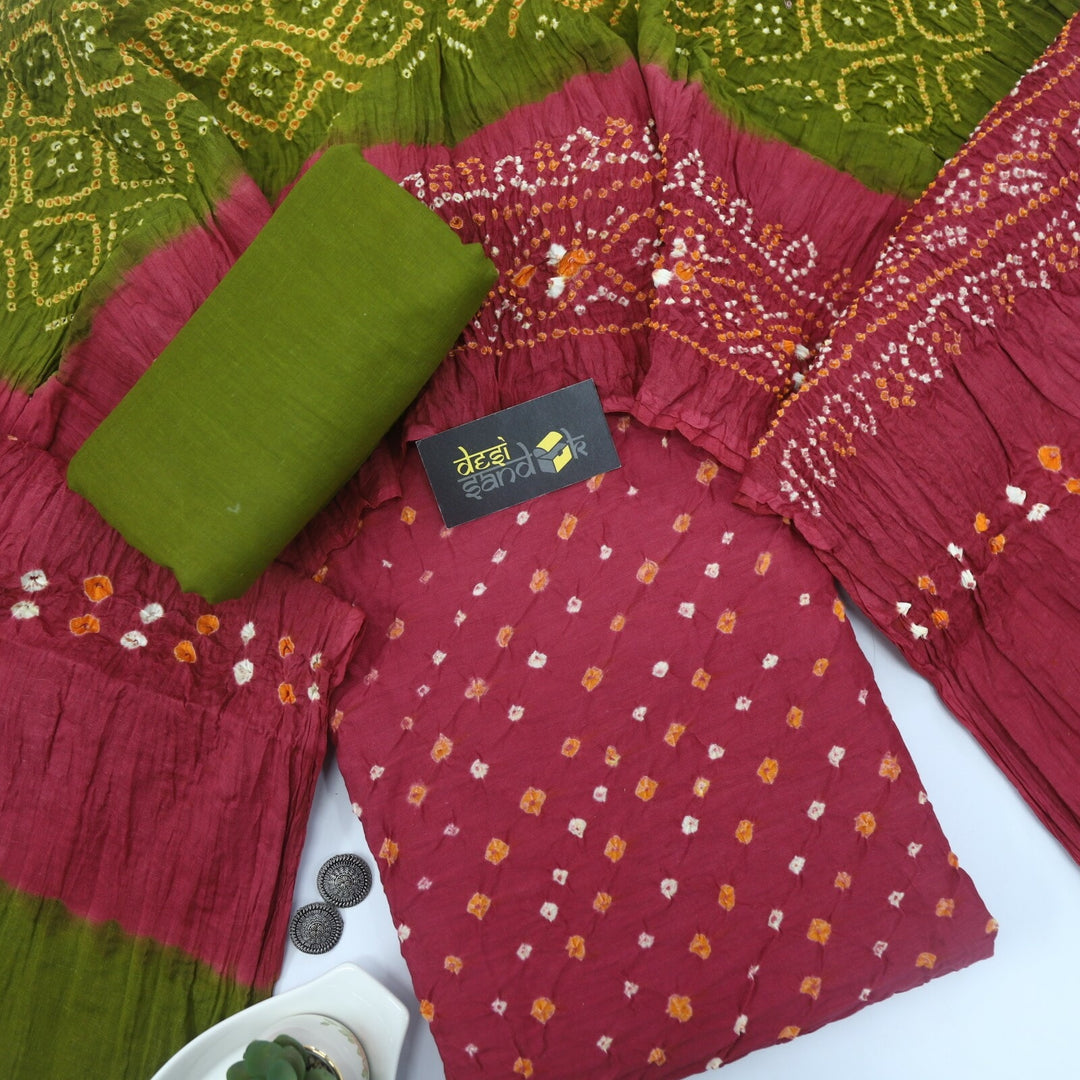 Rouge Pink Authentic Bandhej Cotton Top with Heena Green and Pink Dupatta Set