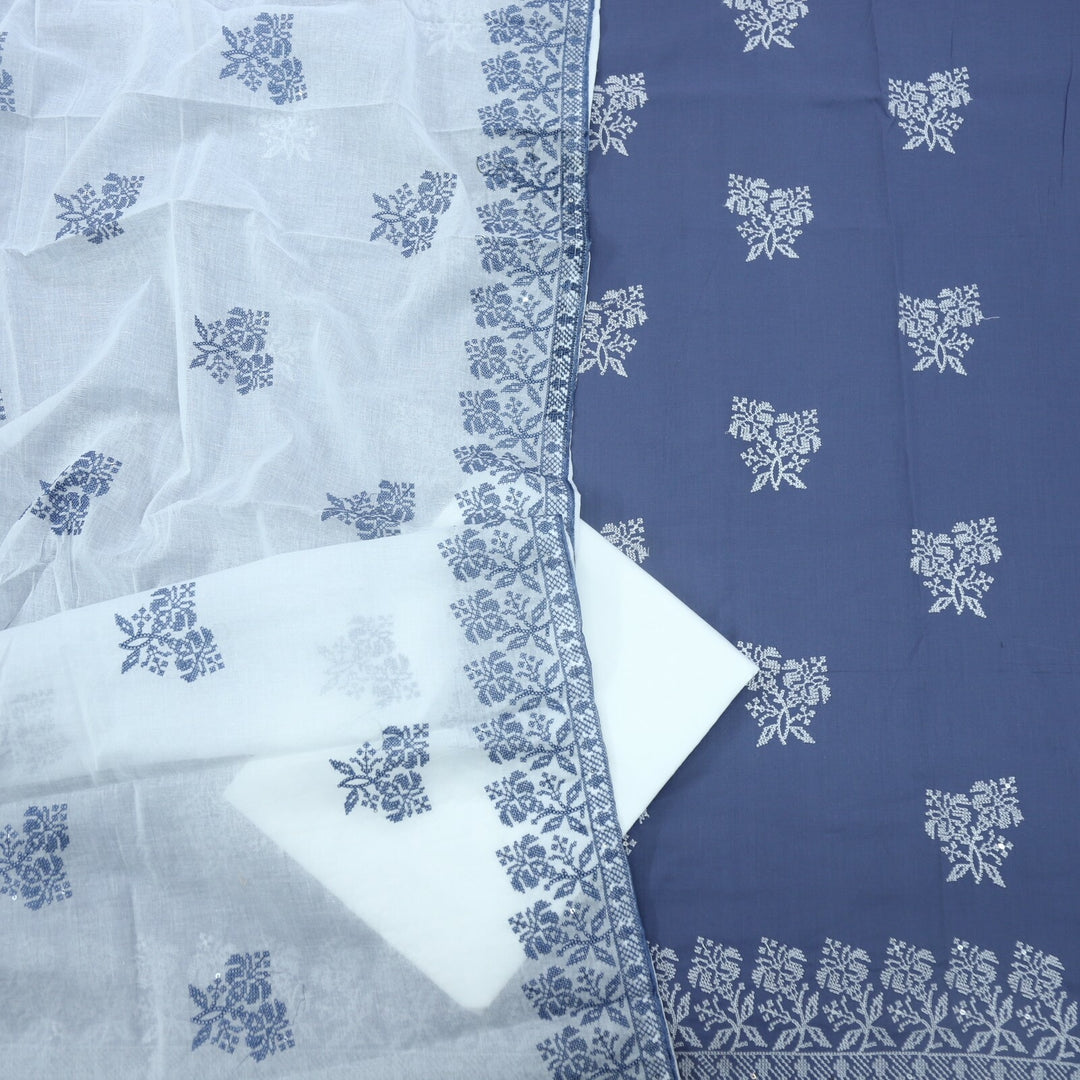 Eminence Purple Cotton Cross Stitch Work Top with White Dupatta Set-1