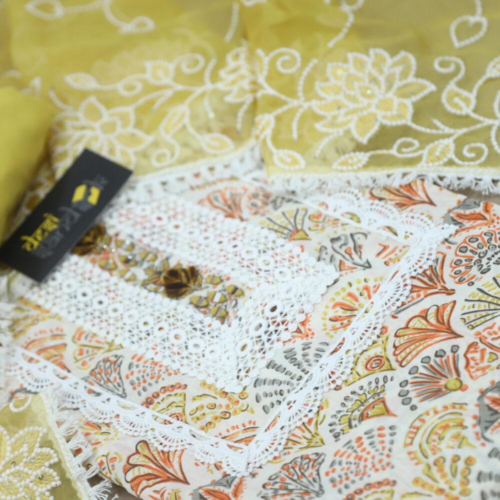 White Base Colorful Printed Top with Medallion Yellow Tissue Dupatta Set