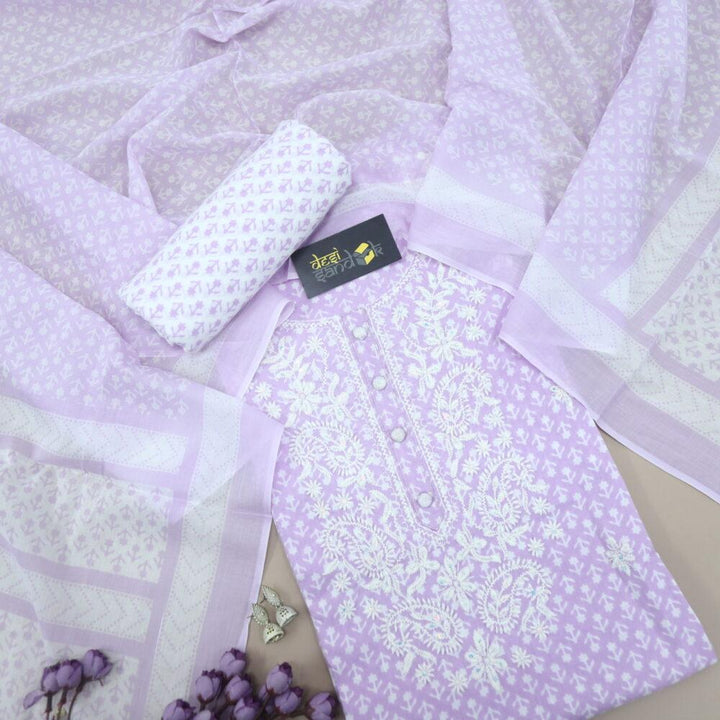 Lilac Printed Cotton Top with Designer Neckline and Printed Dupatta Set