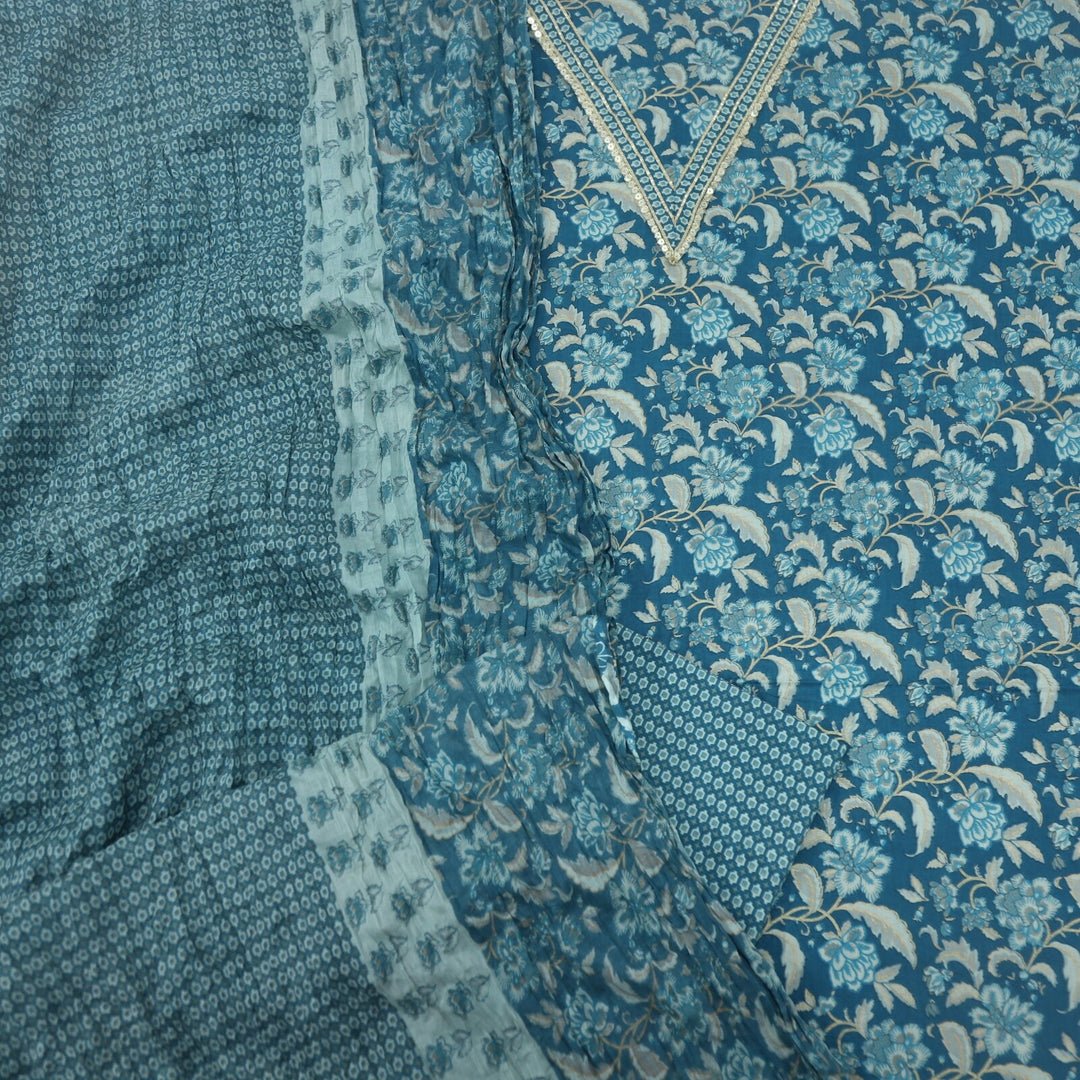 Peacock Blue Jaal Printed V Neck Top with Printed Dupatta Set