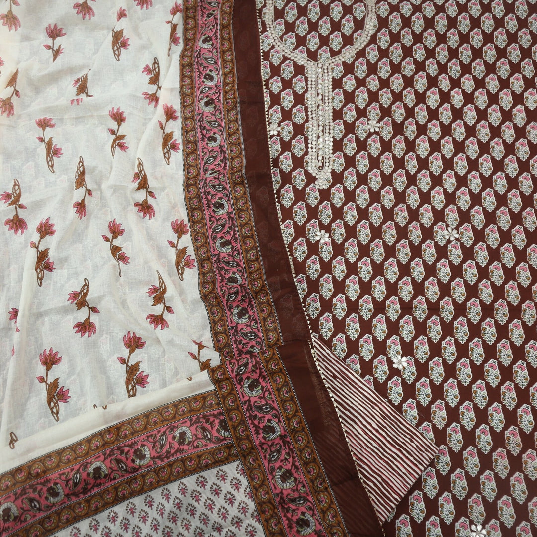 Mahogany Cotton Printed Top with Gota Work Neck and Dupatta Set