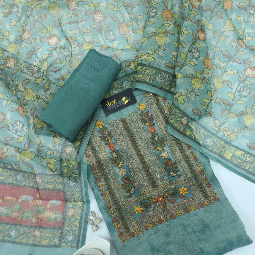 Jade Green Linen Tissue top with Floral printed dupatta set