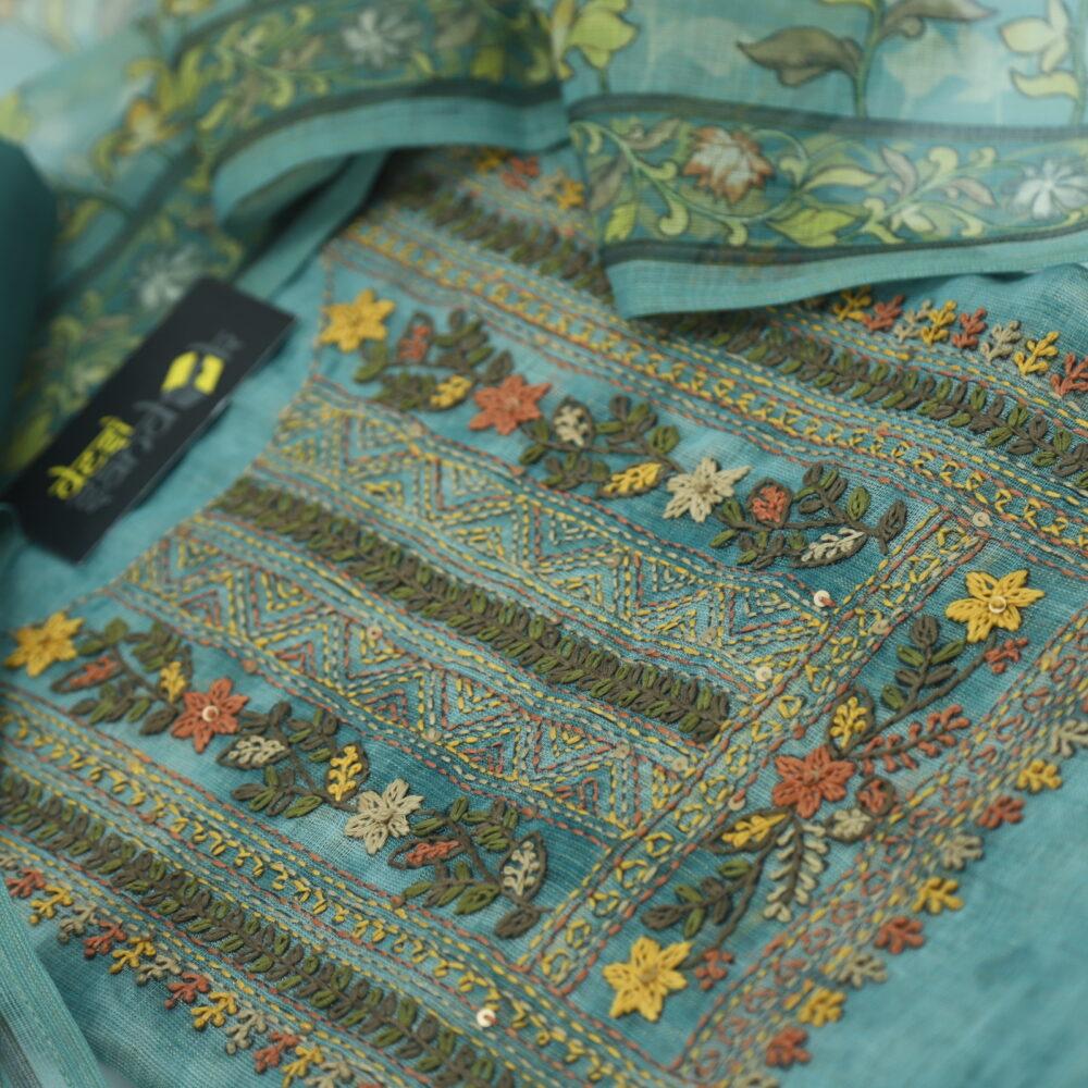 Jade Green Linen Tissue top with Floral printed dupatta set