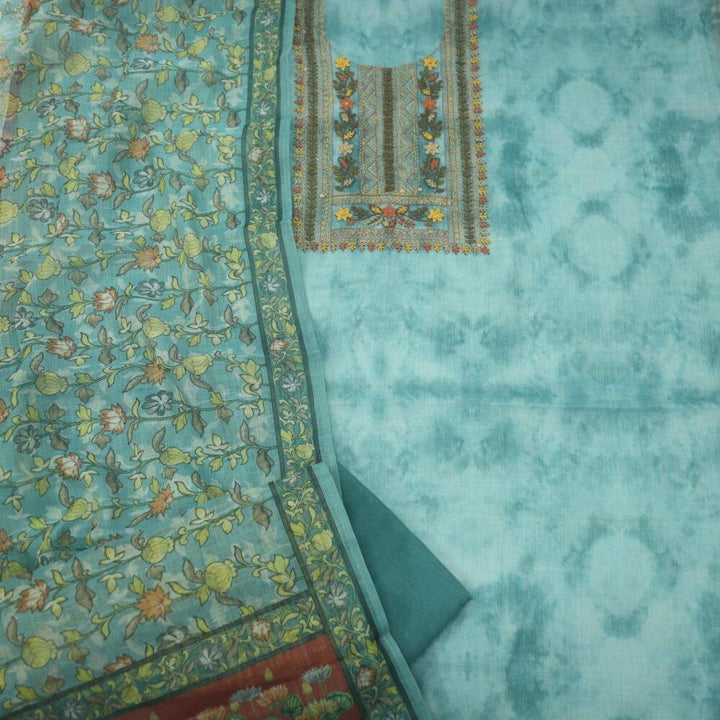 Jade Green Linen Tissue top with Floral printed dupatta set