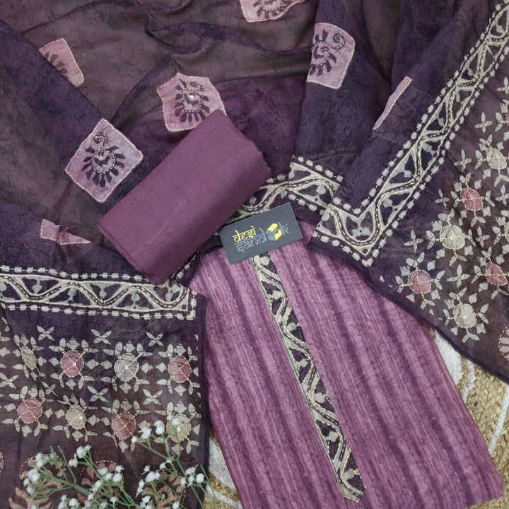 Mulberry self printed top with Brown kantha dupatta set