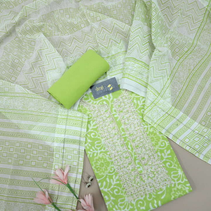 Neon Green Cotton Printed Designer Neckline Top with Dupatta Set