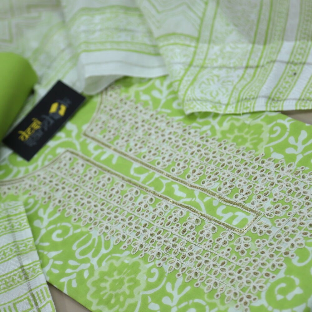 Neon Green Cotton Printed Designer Neckline Top with Dupatta Set