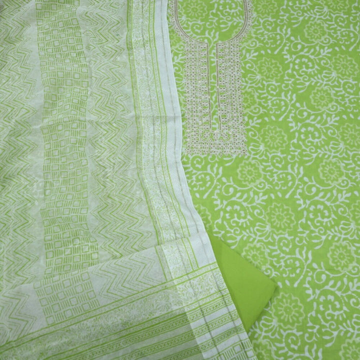 Neon Green Cotton Printed Designer Neckline Top with Dupatta Set