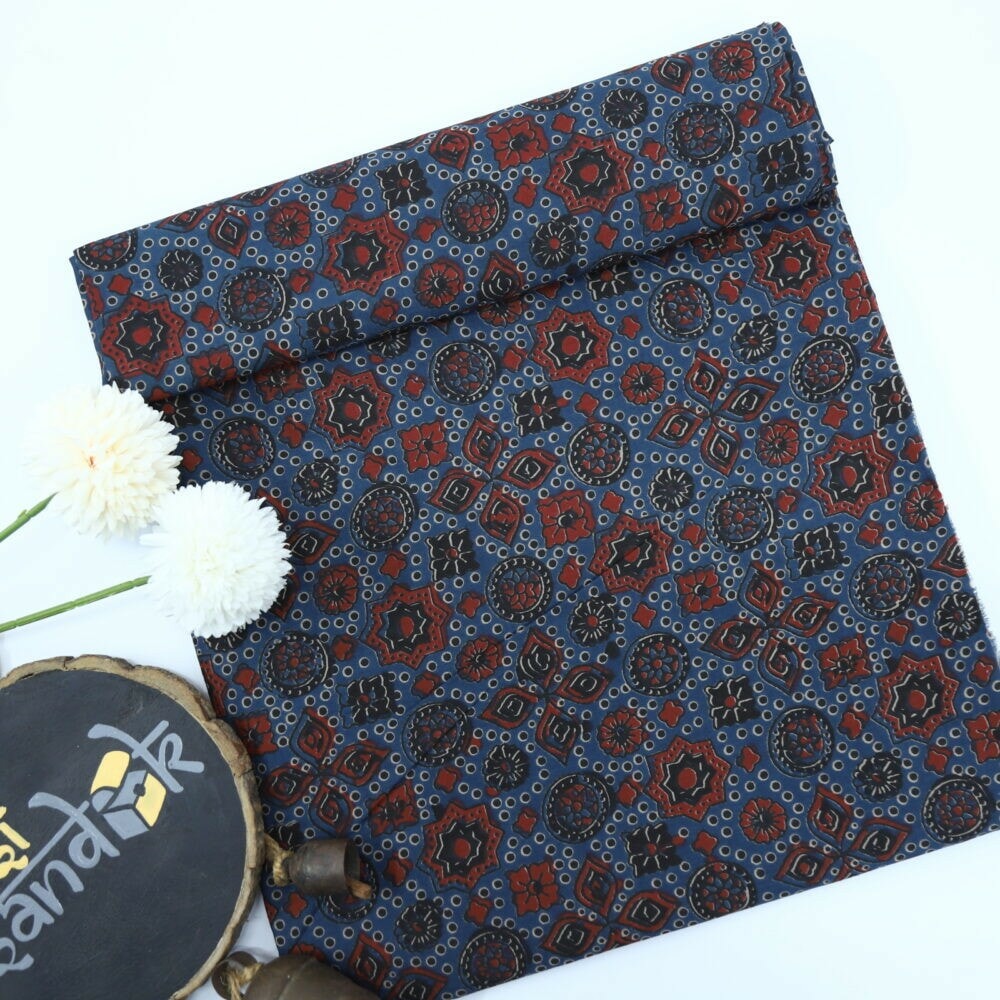 Dark Blue Ajrak Inspired Printed Cotton Fabric- 1