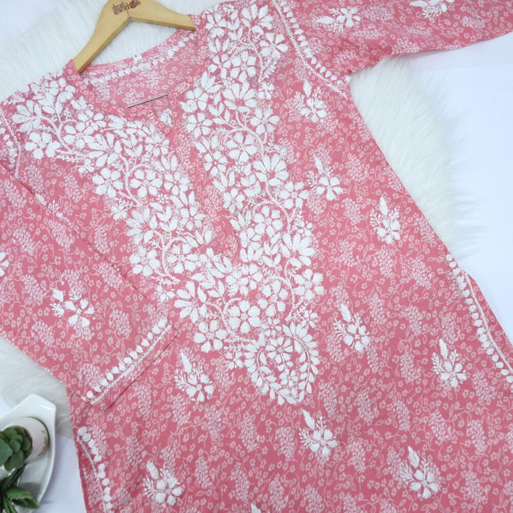 Baby Pink Printed Cotton Chikankari Work Kurti