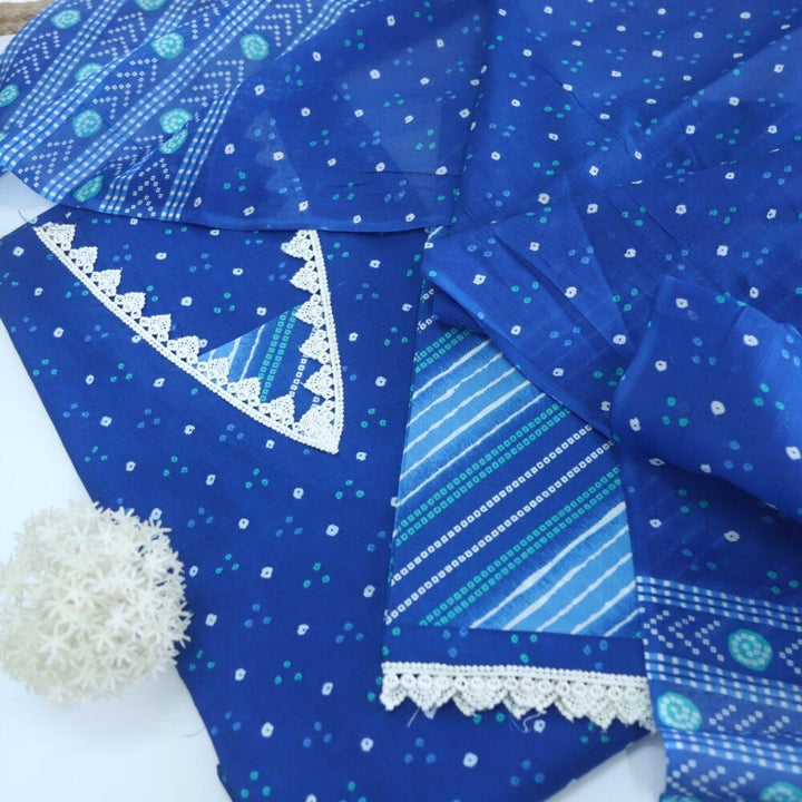 Royal Blue Bandhani Printed Cotton V Neck Top with Printed Dupatta Set