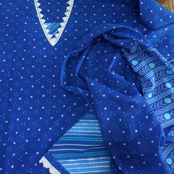 Royal Blue Bandhani Printed Cotton V Neck Top with Printed Dupatta Set