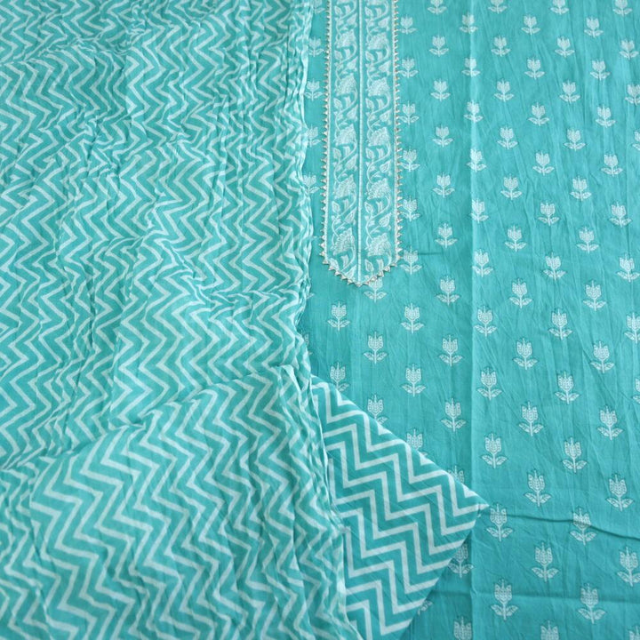 Turquoise Printed Cotton Top with Zig Zag Printed Dupatta Set