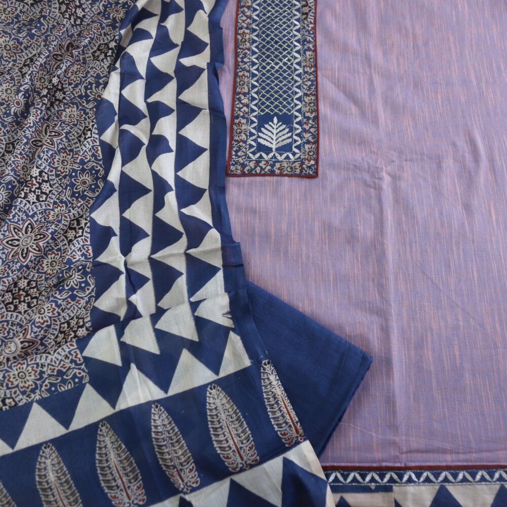 Light Purple Textured Cotton Top with Blue Printed Cotton Dupatta Set