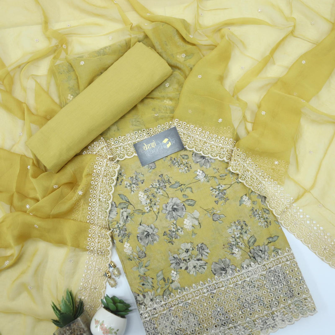 Dijon Yellow All Over Floral Printed Top with Chiffon Dupatta Set