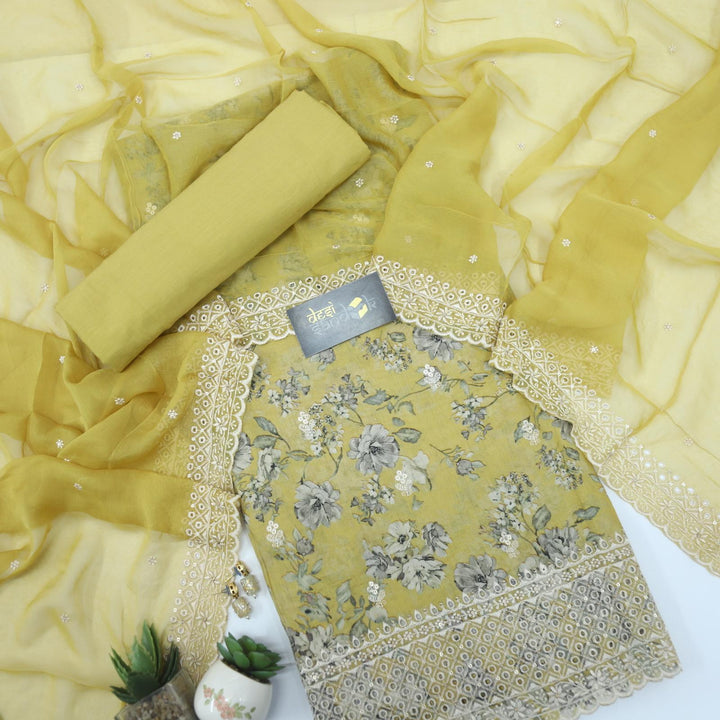 Dijon Yellow All Over Floral Printed Top with Chiffon Dupatta Set